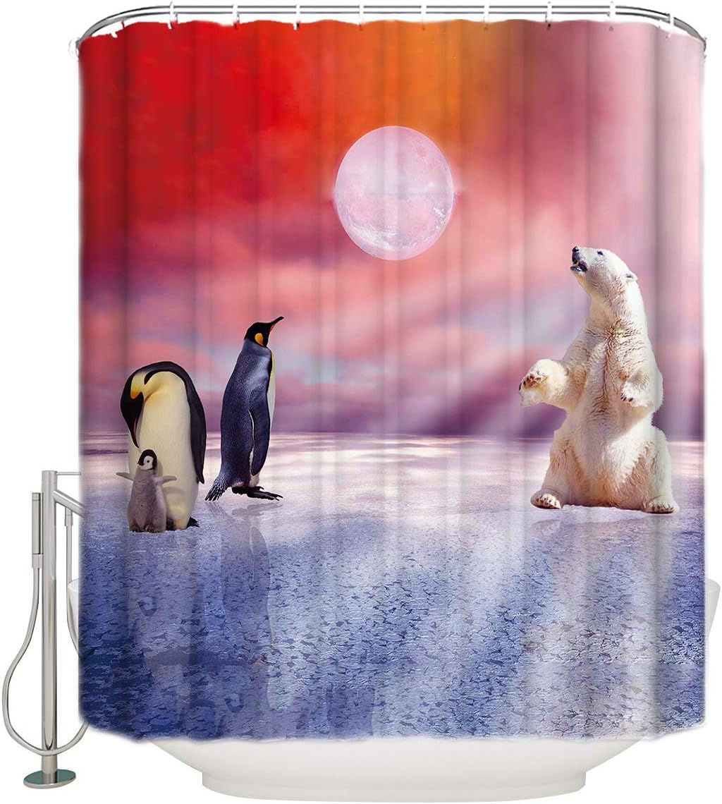 Polar Bear And Penguin Bathroom Shower Curtain Waterproof Fabric