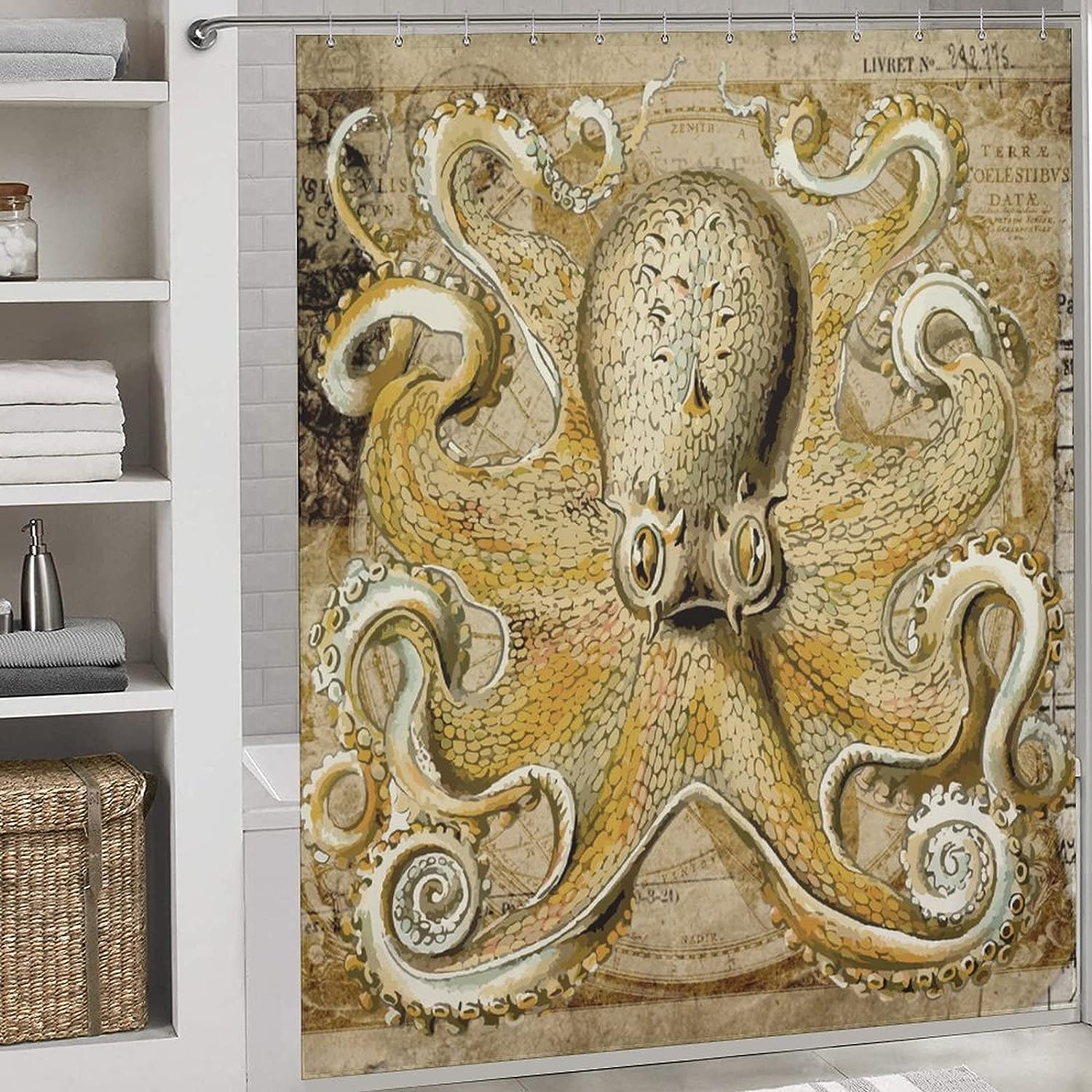 Sea Life Octopus Fabric Bathroom Shower Curtain Hotel Bath Tub Coastal Curtains