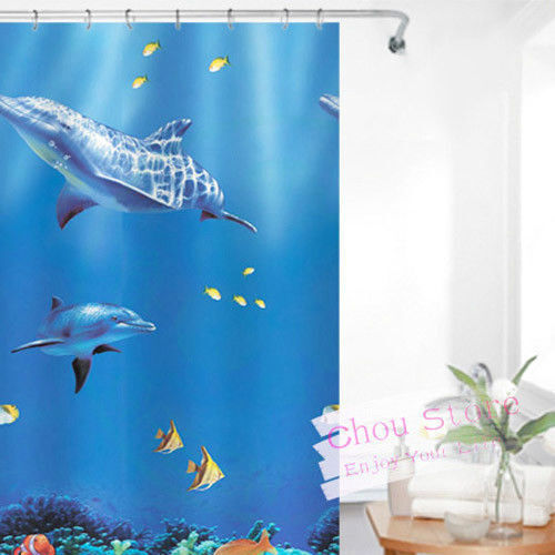Cute Dolphin Fish In Blue Ocean Pattern Bathroom Shower Curtain Waterproof Fabric