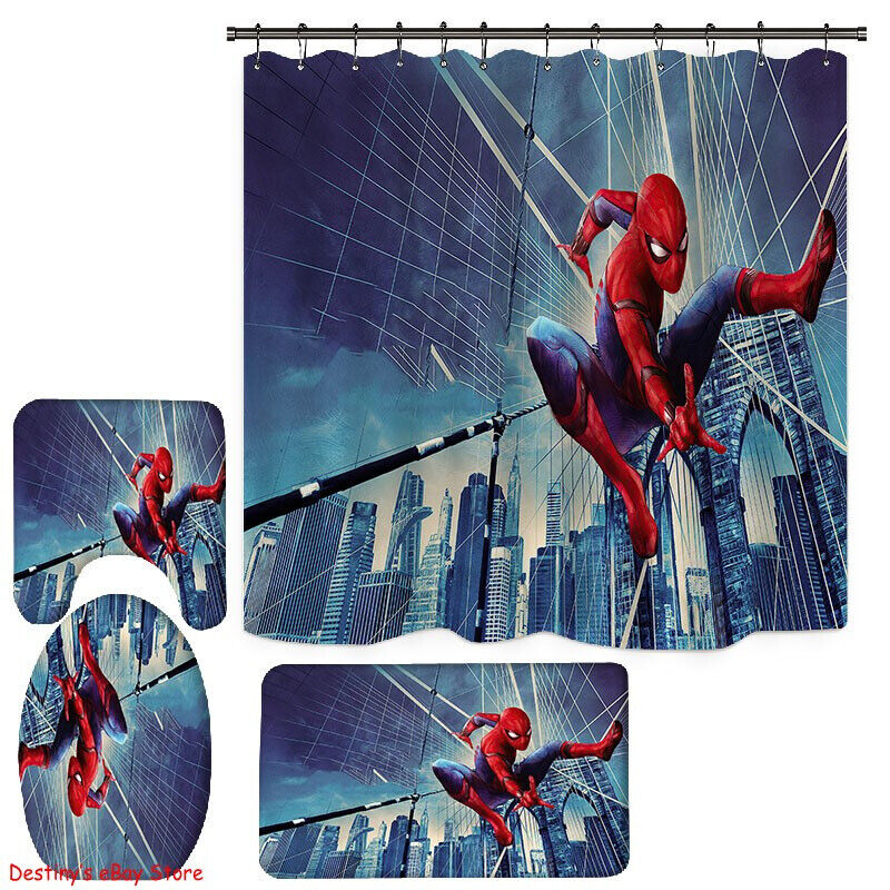 Spiderman Bathroom Shower Curtain With Foot Mat