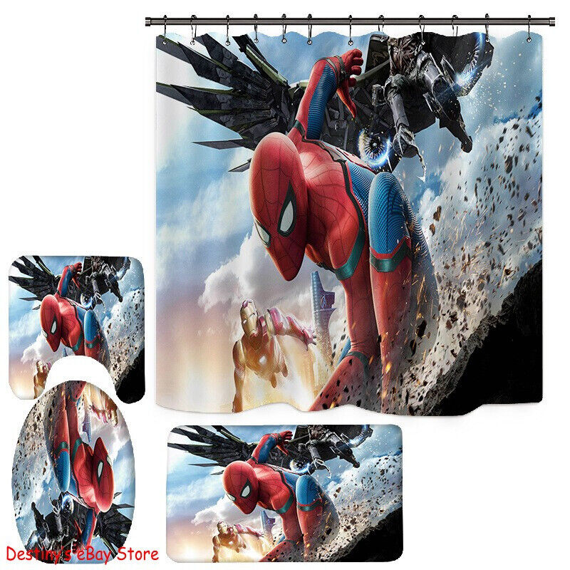 Spiderman Foot Mat And Shower Curtain Set For Bathroom Decor