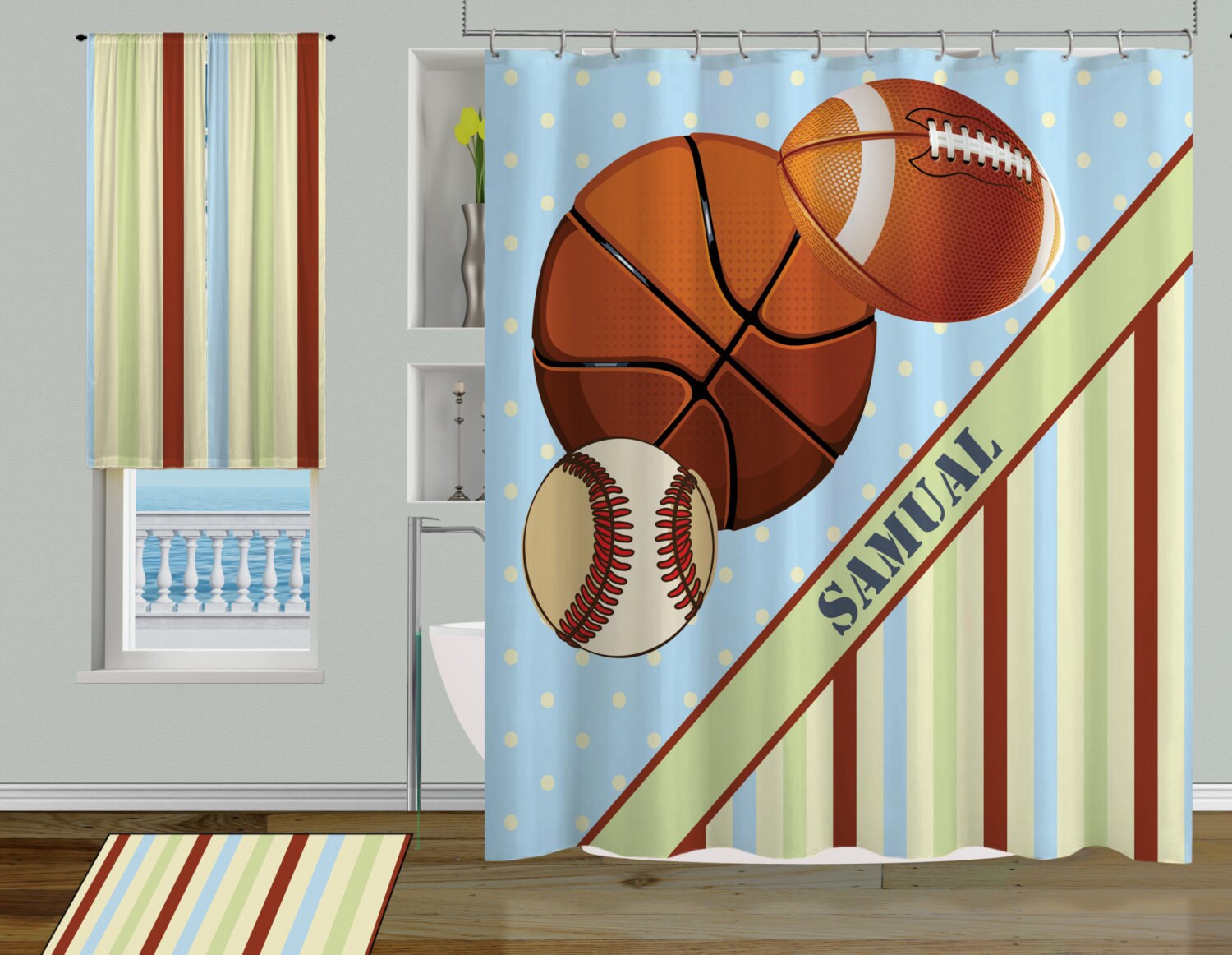 Sports Monogrammed Shower Curtain For Boys Bathroom Decor