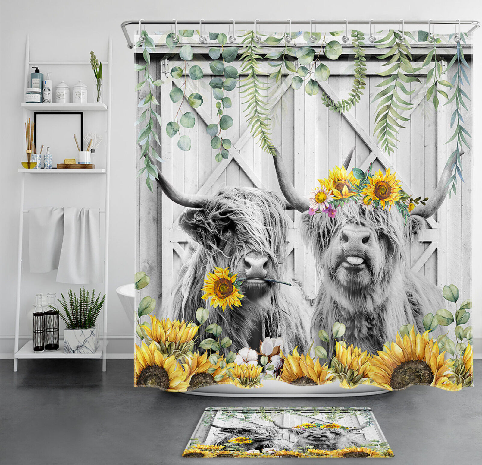 Highland Cow Shower Curtain With Sunflower And Barn Door For Farmhouse Bathroom Decor