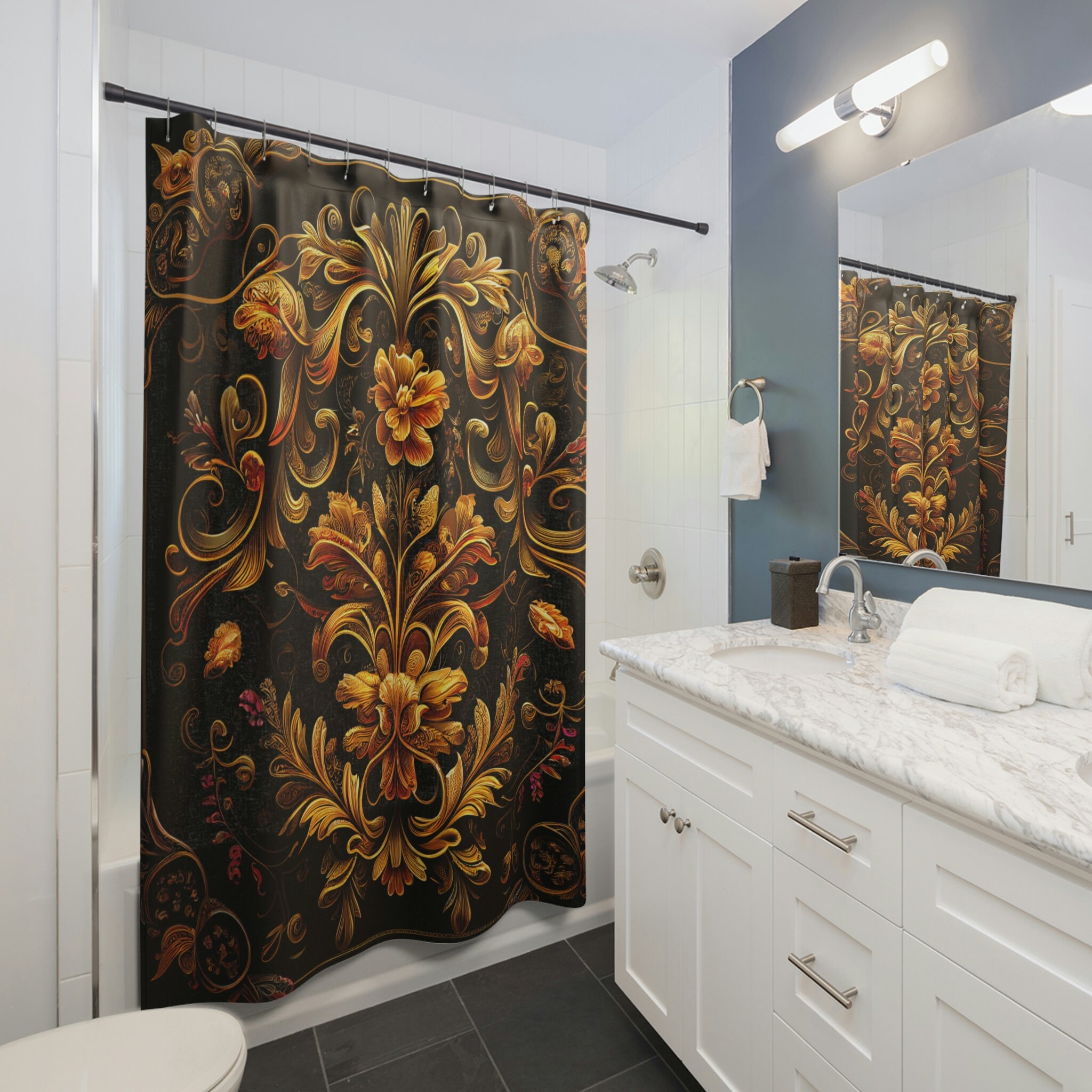 Golden Floral Shower Curtain For Elegant Black Bathroom Decor