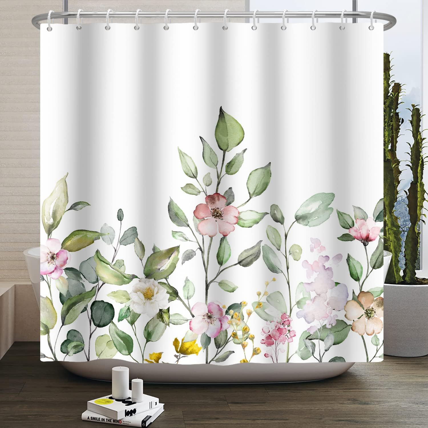 Colorful Floral Green Leaves Watercolor Shower Curtain For Spring Bathroom Decor