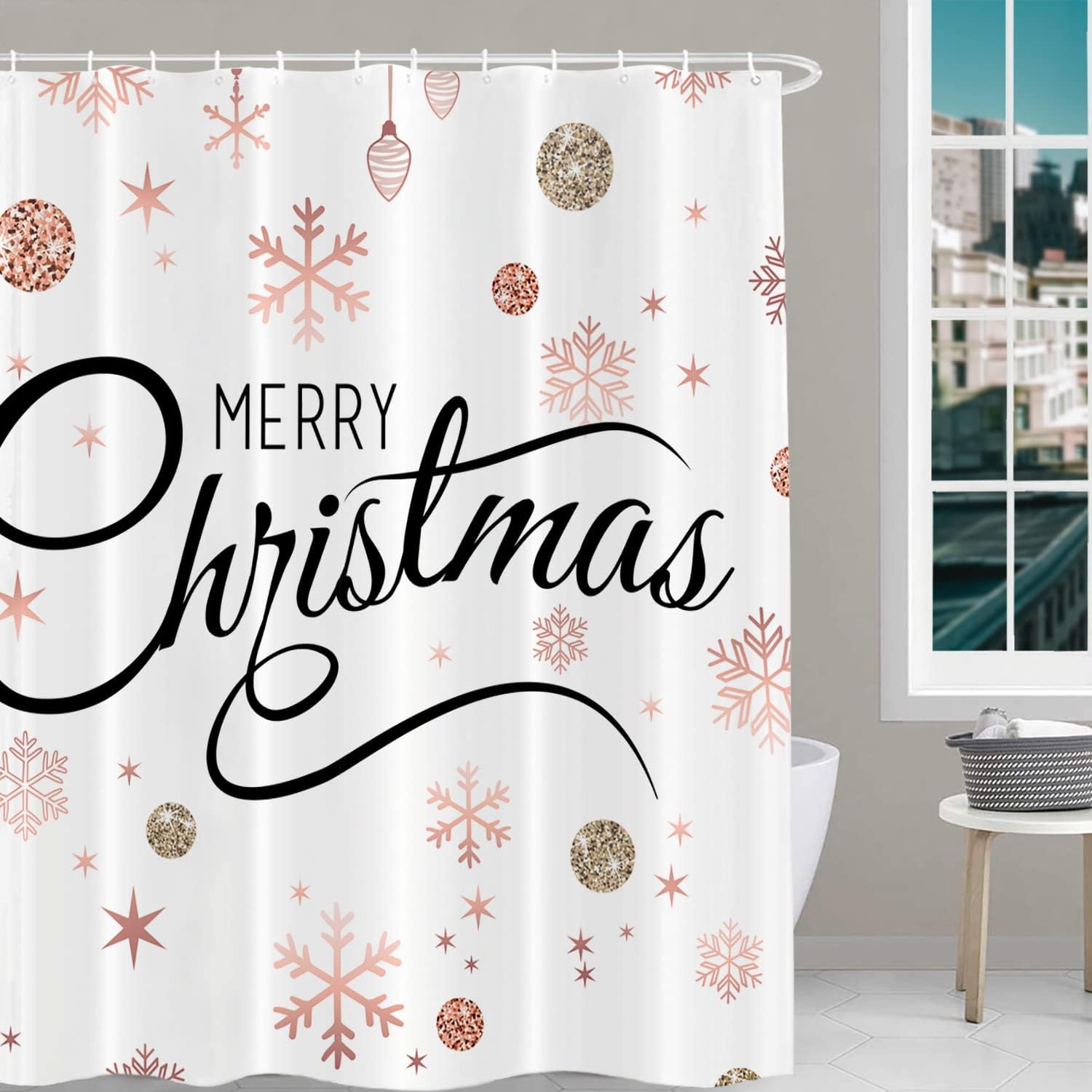 Rose Gold Snowflake Snowball Decor Shower Curtain For Merry Christmas Bathroom Decor