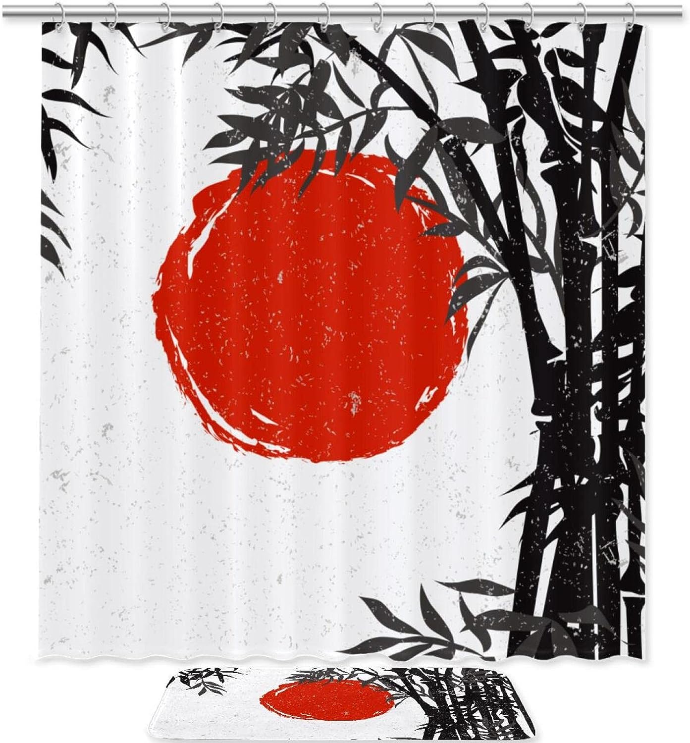 Stylish And Elegant Shower Curtain With Waterproof Bamboo Silhouette And Red Sun Design