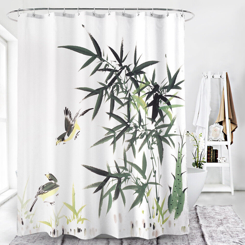 Nature-Themed Bathroom Shower Curtain With Bamboo Shoots And Bird Ink Painting