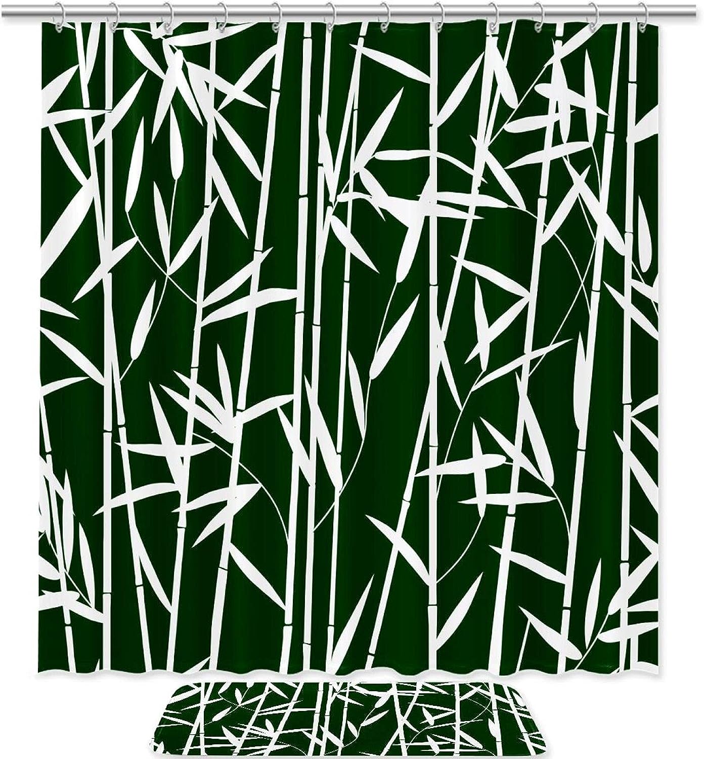 Green And Beautiful Waterproof Shower Curtain With Bamboo Leaf Theme For Bathrooms