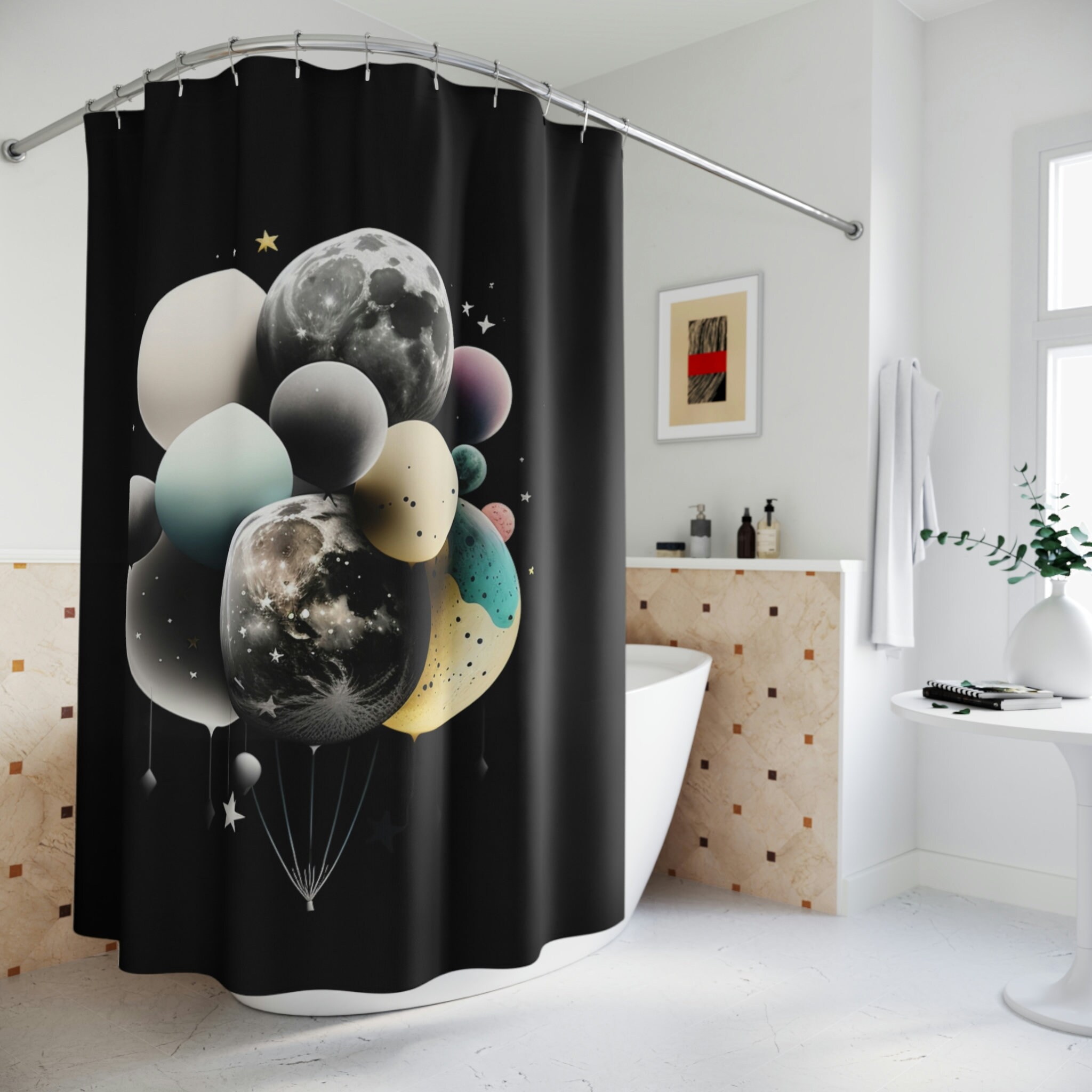 Mystical Celestial Shower Curtain With Balloons On The Moon For Bathroom Decor