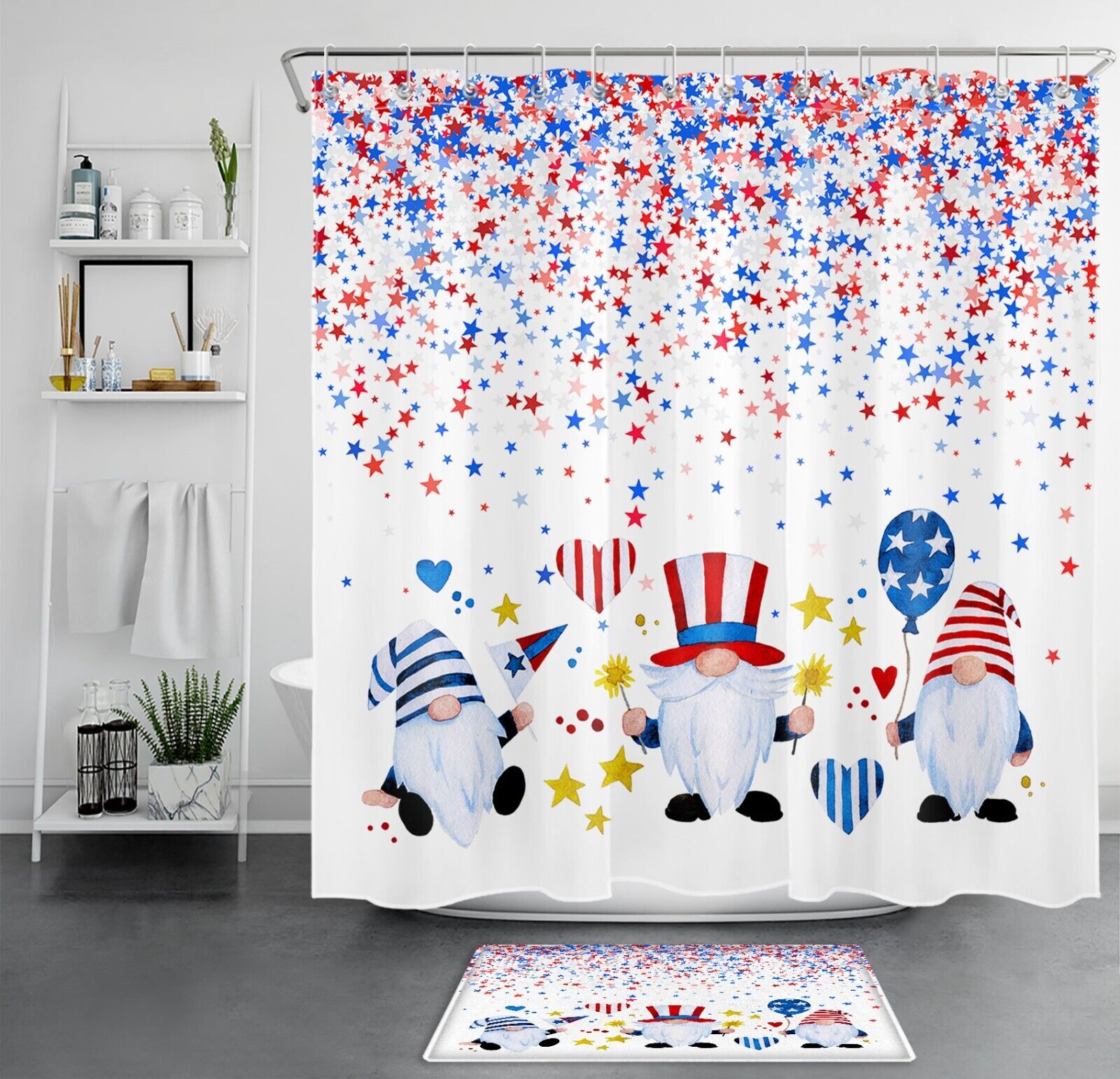 Independence Day Gnome Shower Curtain With Stars Unique Bathroom Accessory