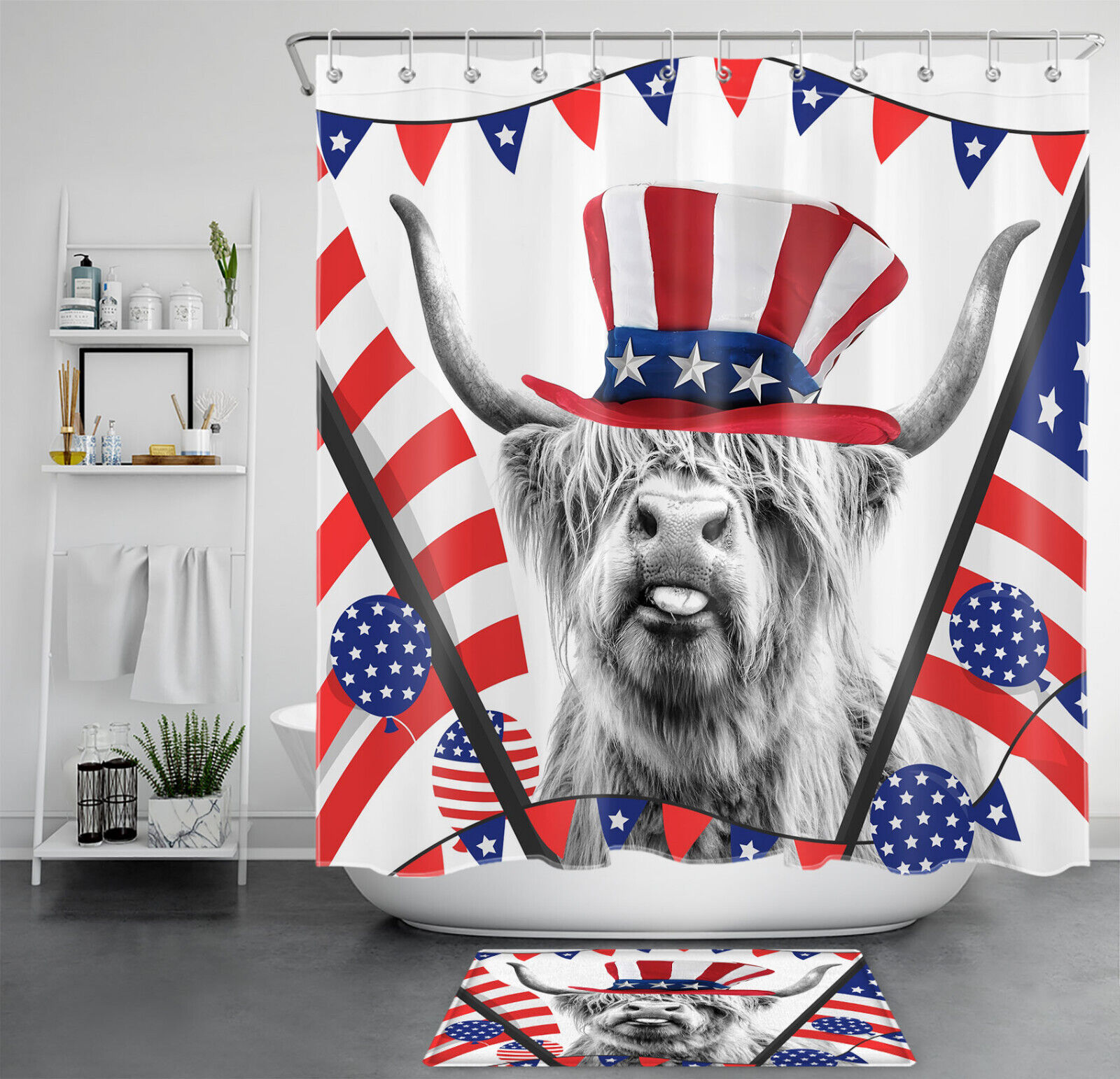 Independence Day Highland Cow Shower Curtain For Bathroom Decor Grey Balloon Theme