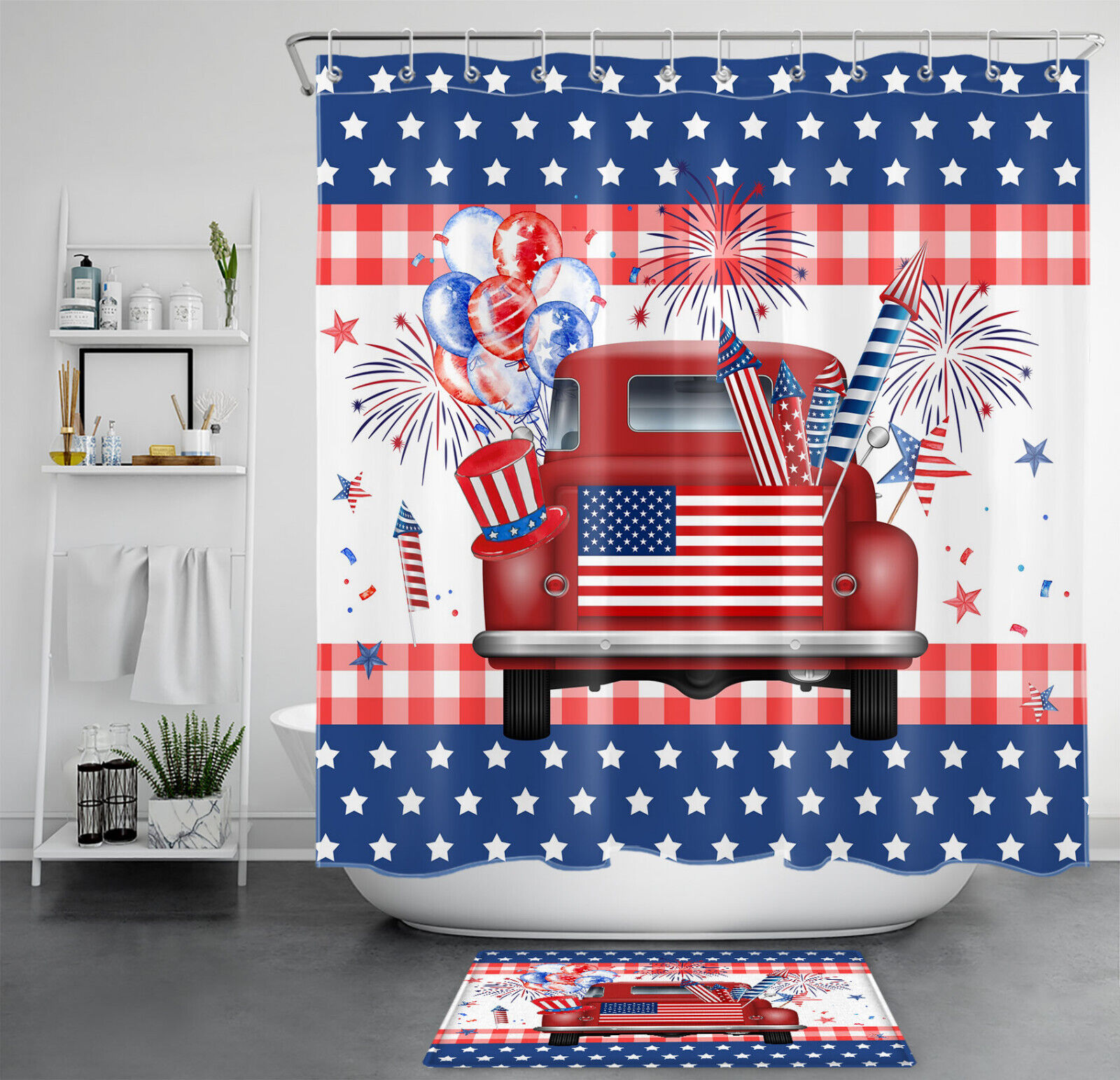 Red Truck Independence Day Shower Curtain With Balloon Stars For Bathroom Decor