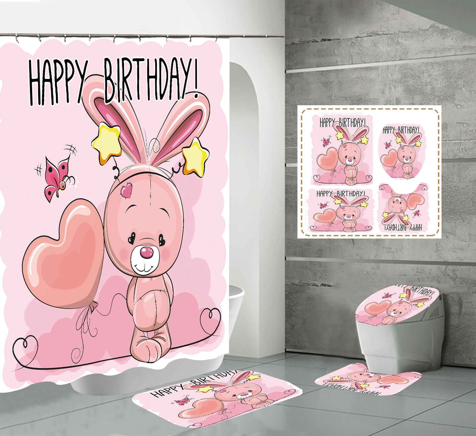 Easter Bunny Toy Waterproof Shower Curtain With Balloon Theme Perfect For Bathroom Mat