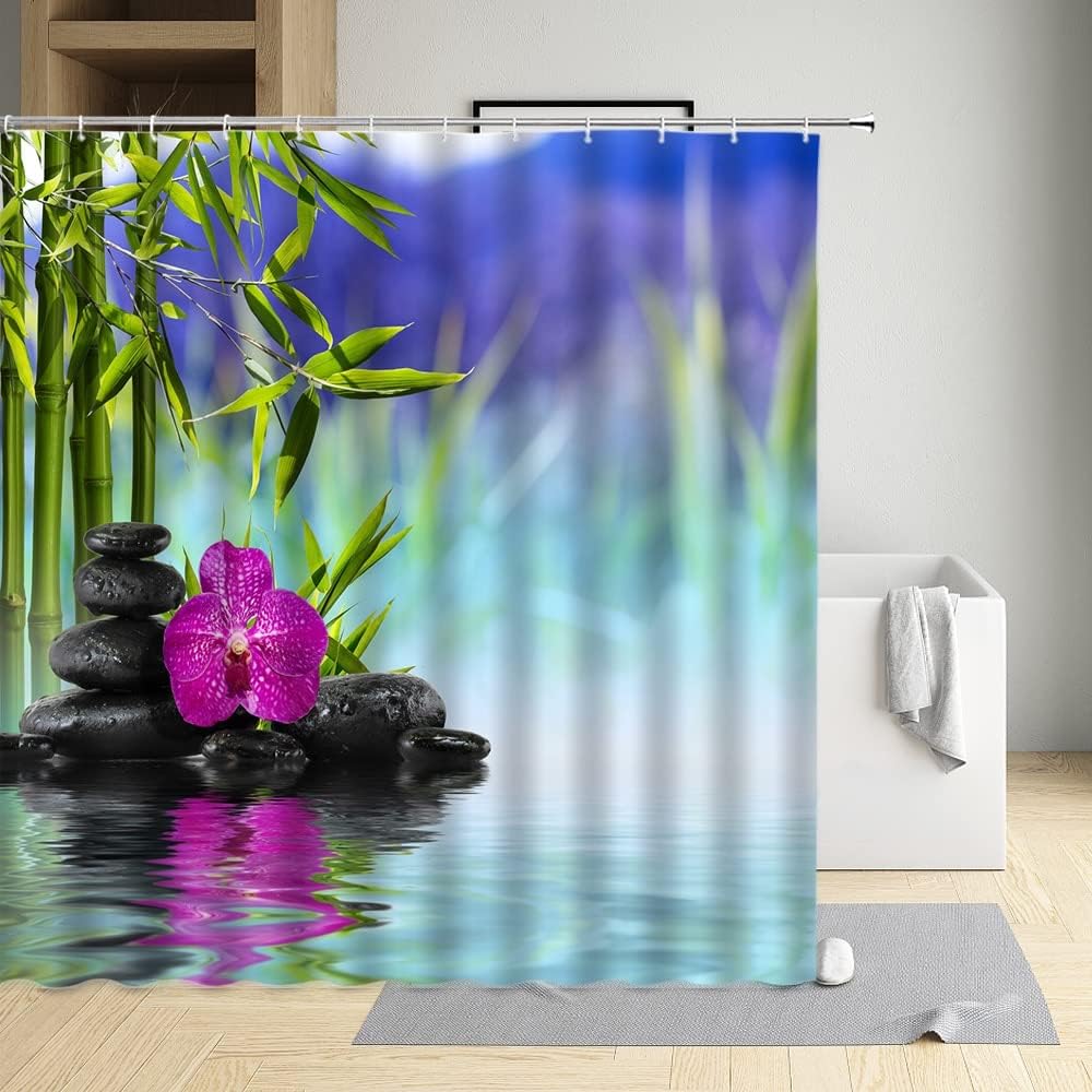 Green Bamboo Shower Curtain Natural Scenery Plant Bath Curtain For Zen Bathroom Decor