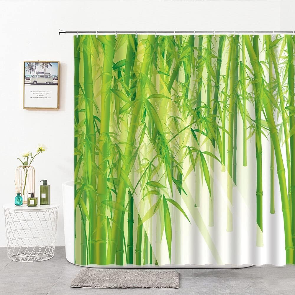 Green Bamboo Printing Shower Curtain Natural Scenery Plant Bath Curtain For Tropical Bathroom Decor