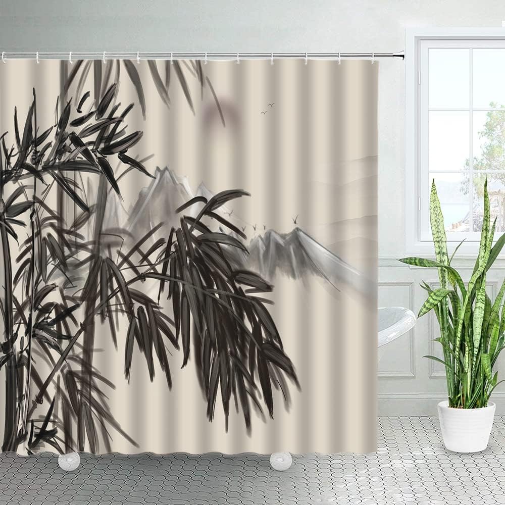 Ink Bamboo Shower Curtain Natural Landscape Art Nordic Bath Curtain For Creative Bathroom Decor