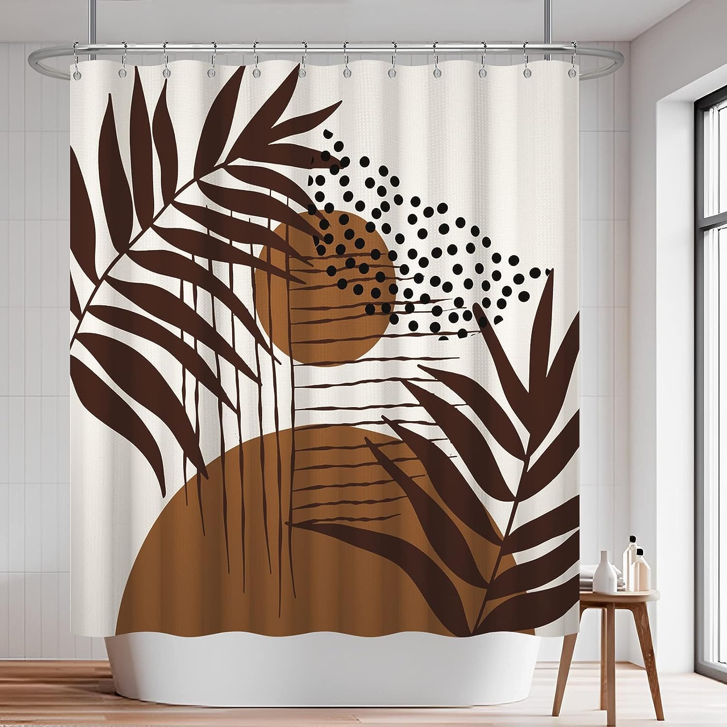 Mid Century Modern Shower Curtain Abstract Boho Brown Waffle Bath Curtain For Chic Bathroom Decor