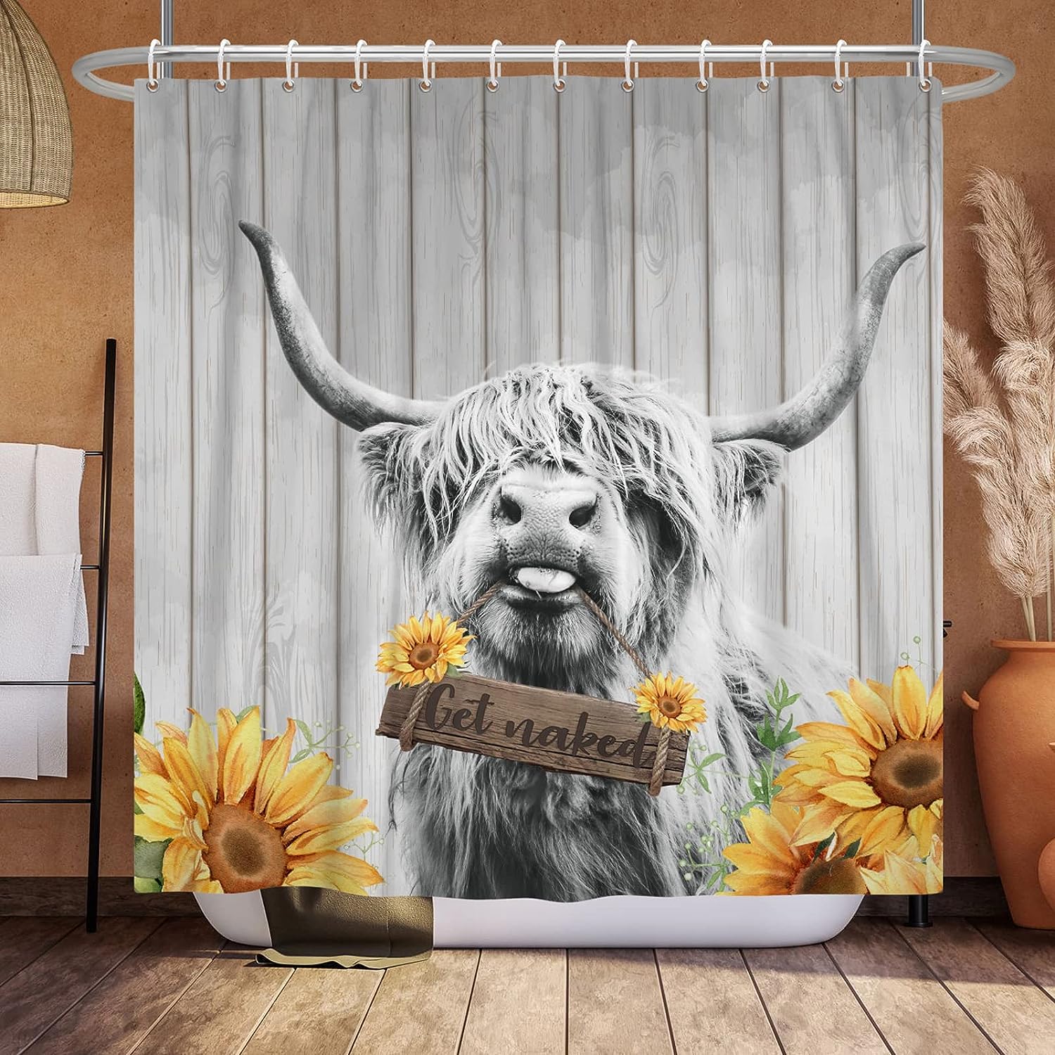 Highland Cow Shower Curtain Rustic Farmhouse Bath Curtain For Animal Lover Bathroom Decor