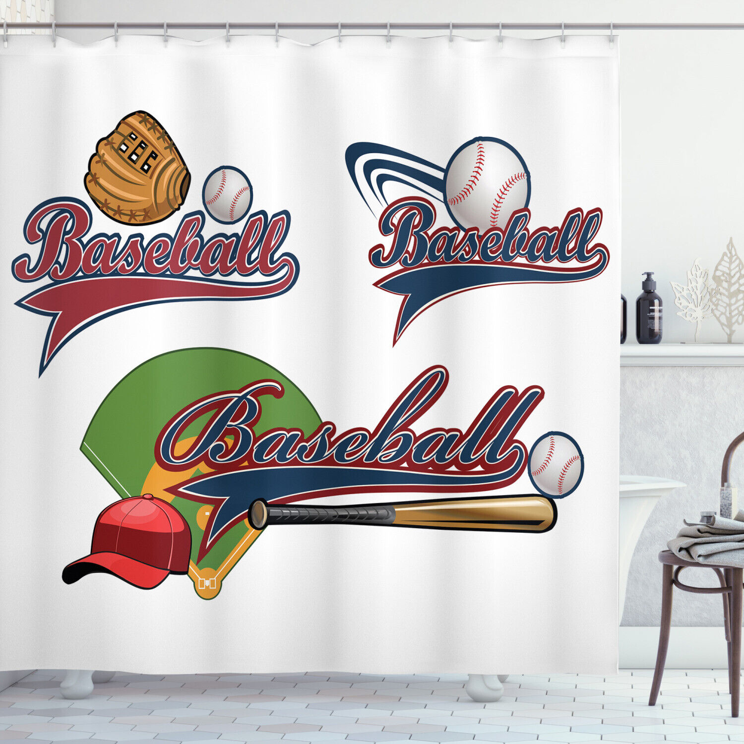 Sports Print Shower Curtain With Mitt, Ball & Bat Accents For Home Decor