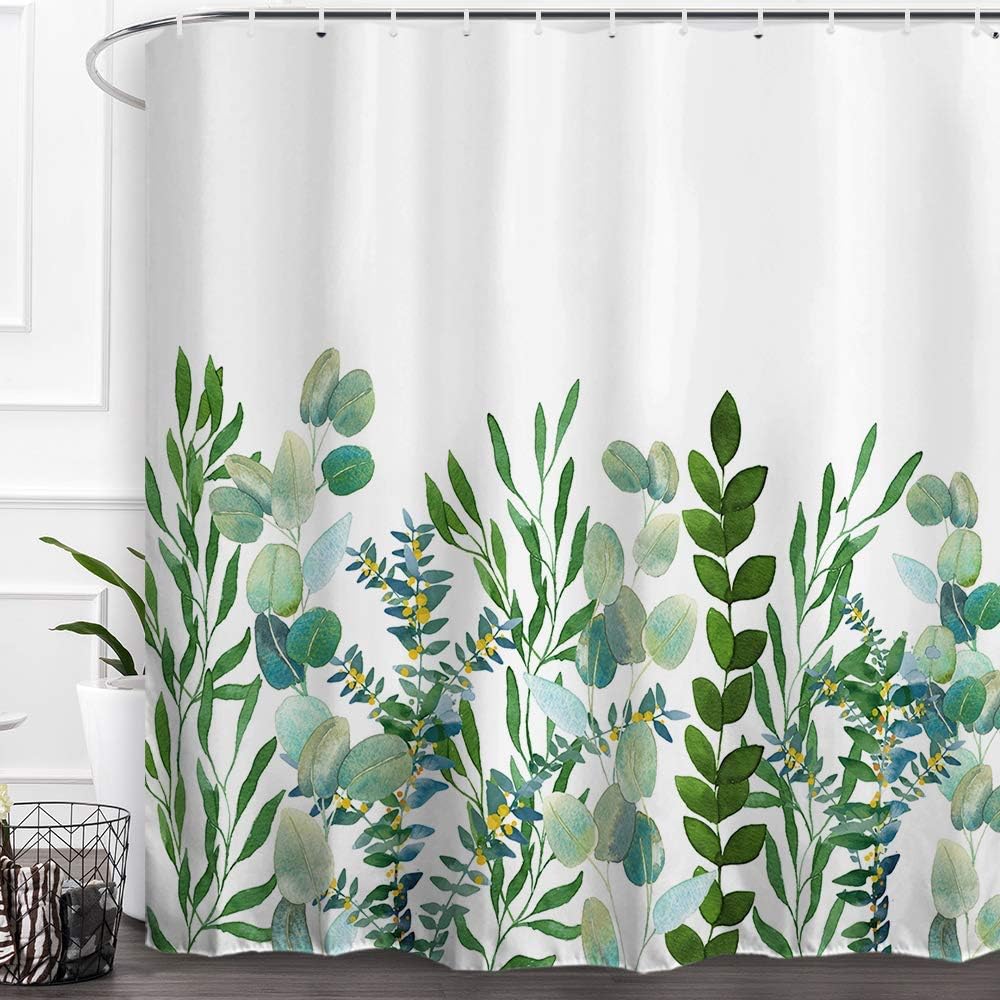 Green Leaf Shower Curtain Botanical Watercolor Floral Bath Curtain For Aesthetic Bathroom Decor