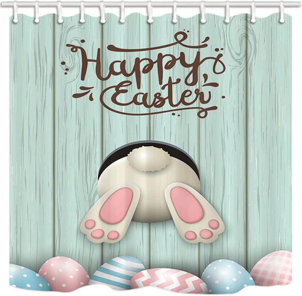 Funny Rabbit Wooden Board Easter Egg Shower Curtain For Bathroom Easter Decoration