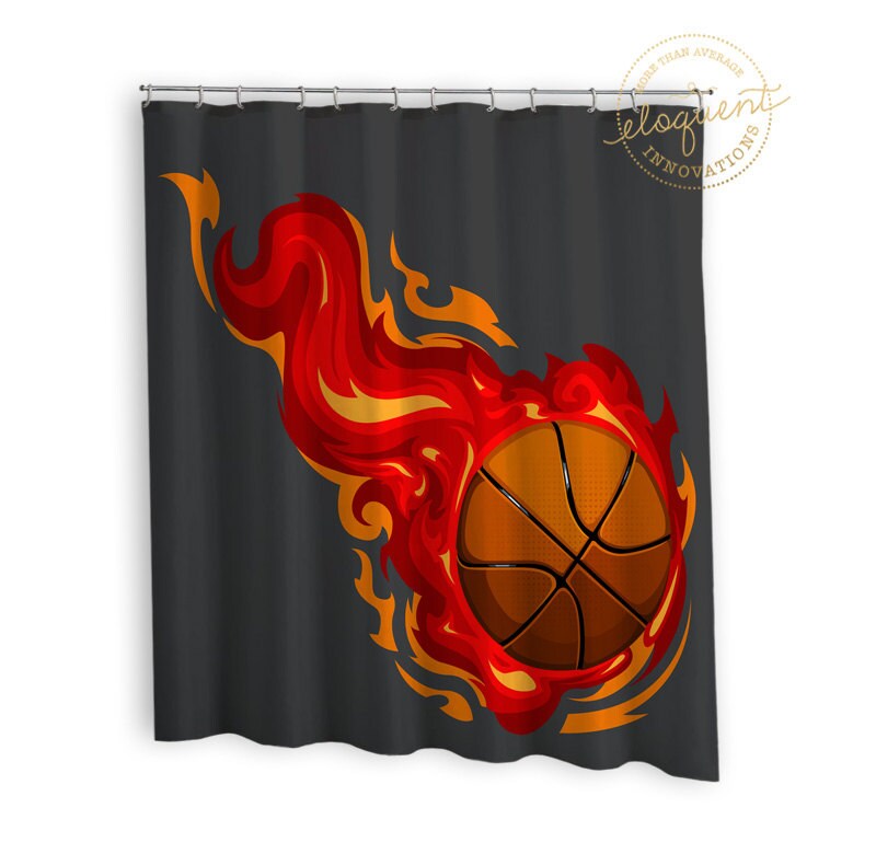 Gray Flames Basketball Shower Curtain Perfect For Boys Sports-Themed Bathrooms
