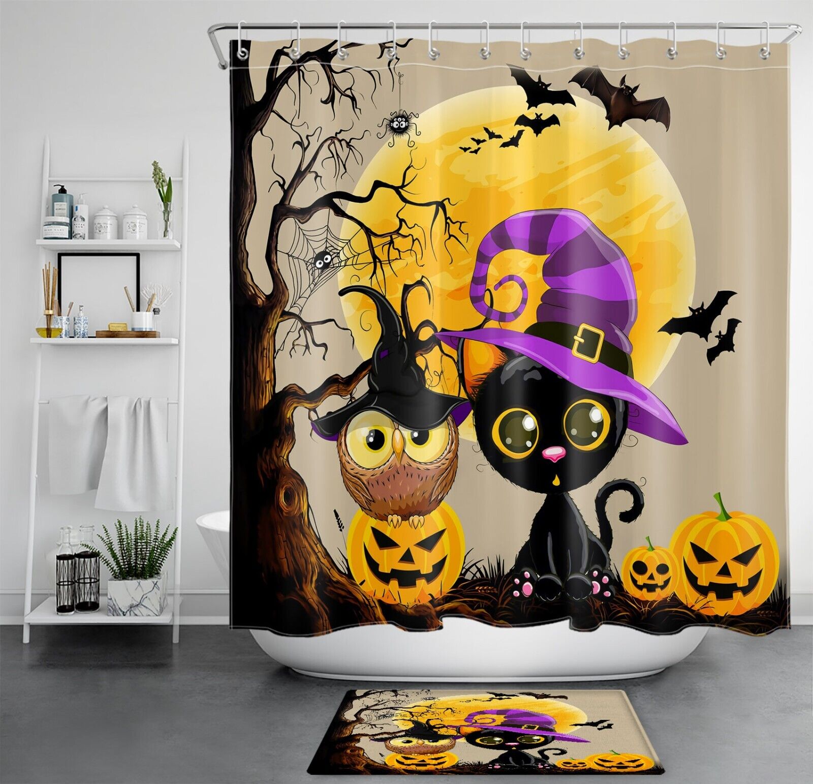 Halloween Bat Witch Hat Owl Cat Pumpkin Shower Curtain Bathroom Accessories