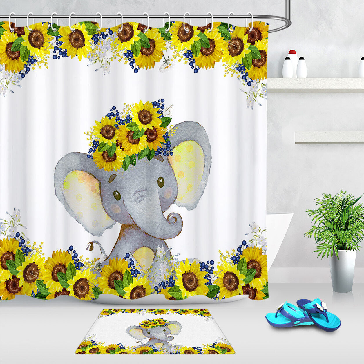 Sunflower Elephant Shower Curtain Cute Baby Bath Curtain For Chic Bathroom Decor