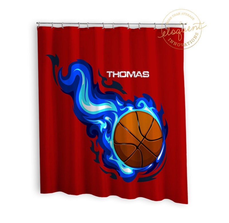 Sports Shower Curtain Ideal For Boys Bathrooms With Red And Blue Colors