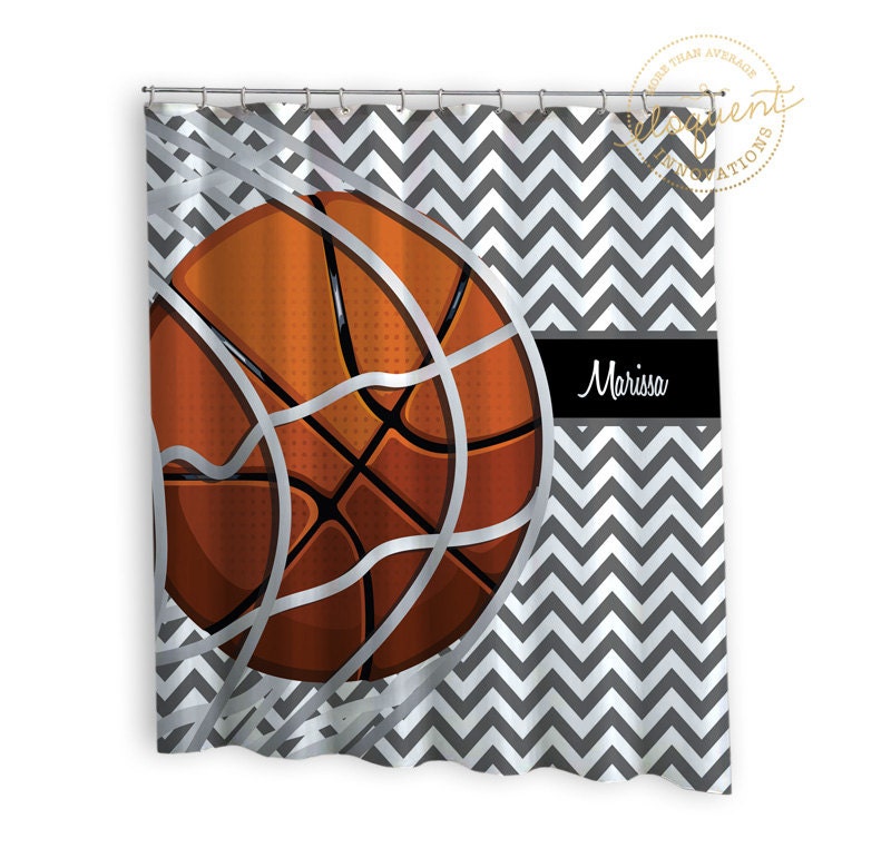 Chevron Grey And White Basketball Shower Curtain Perfect For A Modern Sports-Themed Bathroom