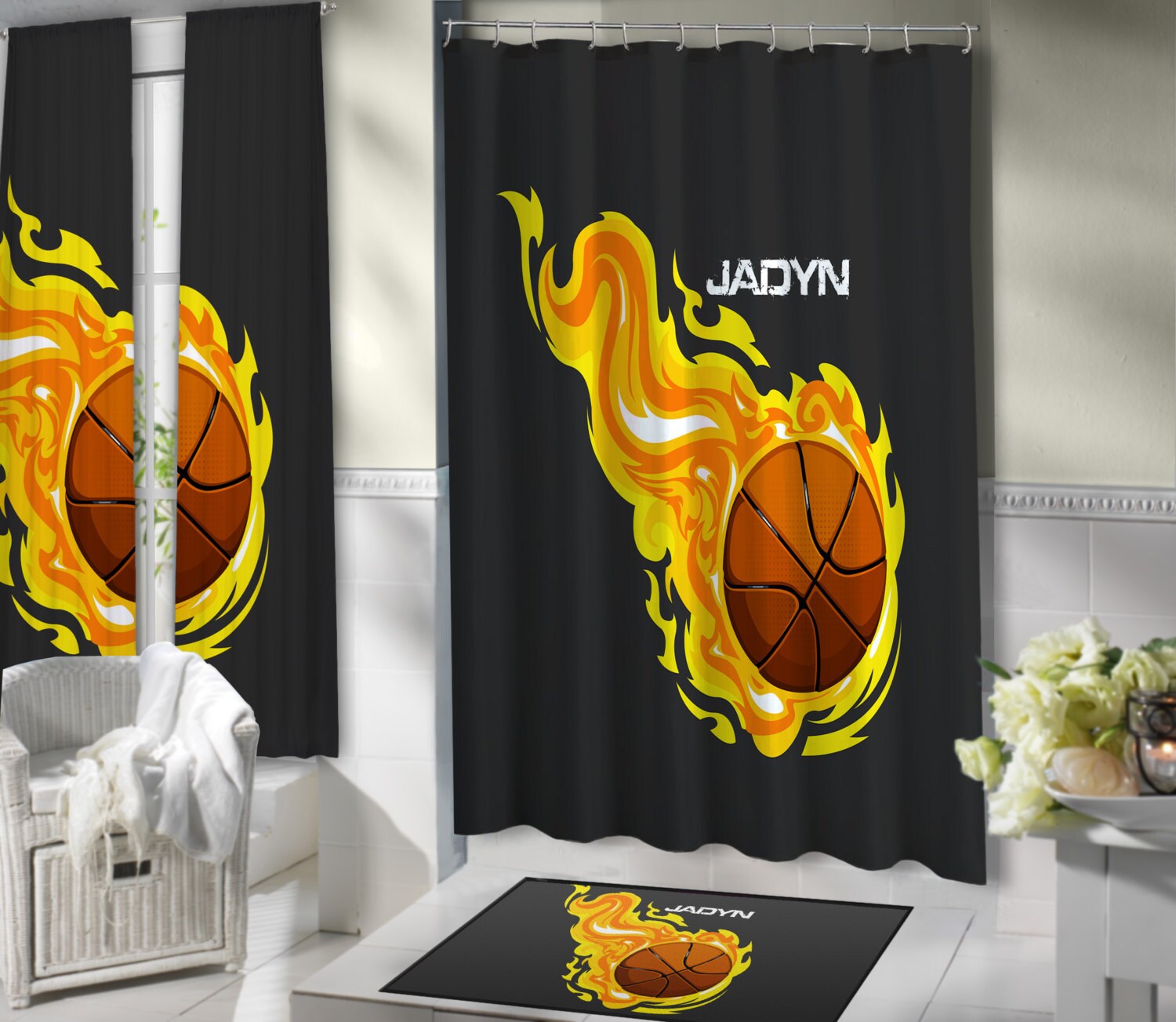 Grey Flames Basketball Shower Curtain A Must-Have For Sports Themed Bathrooms
