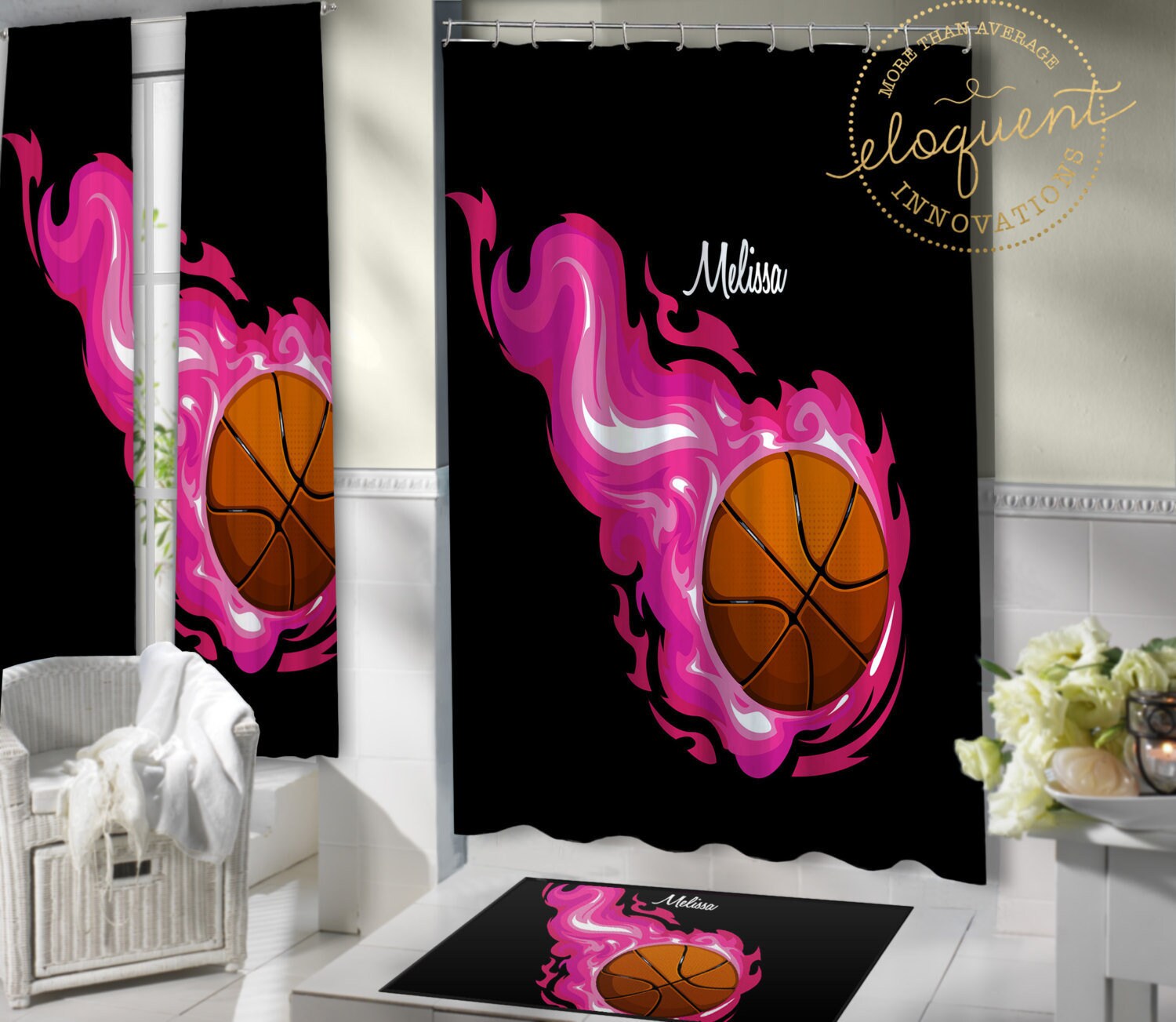 Pink Flames Basketball Shower Curtain Ideal For Girls Sports-Themed Bathrooms