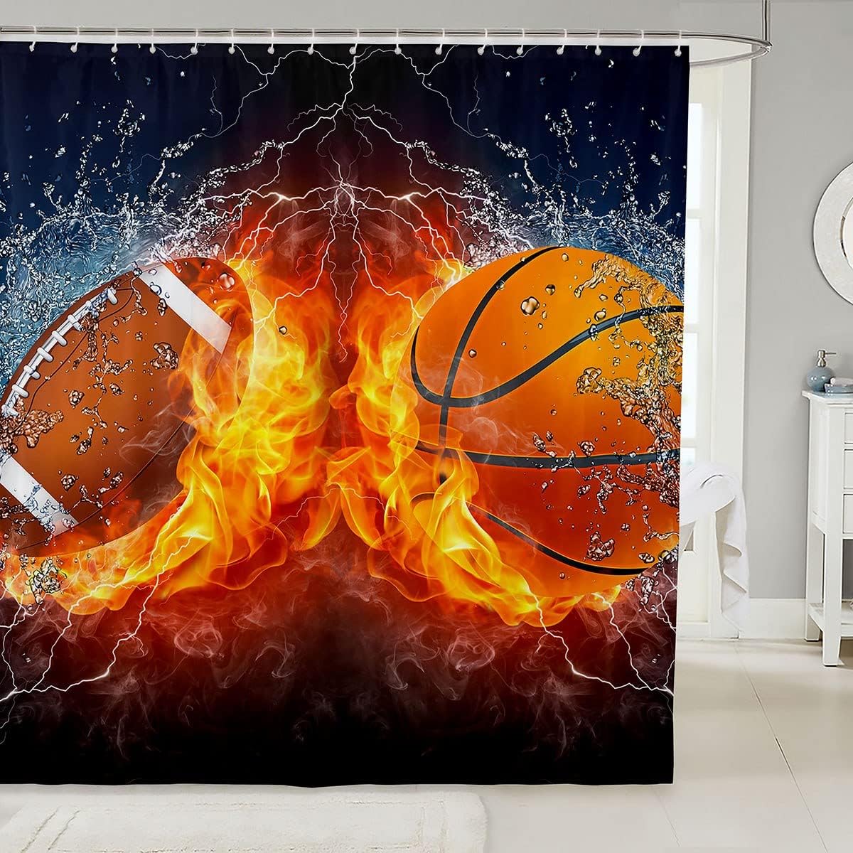 Sports And Flame Shower Curtain Ideal For Teenage Boys Bathrooms