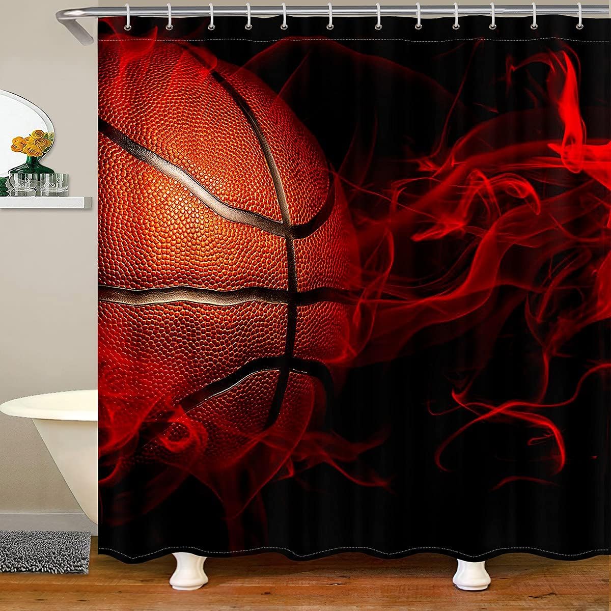 Red Smoky Fog Basketball Shower Curtain Ideal For Sports Lovers