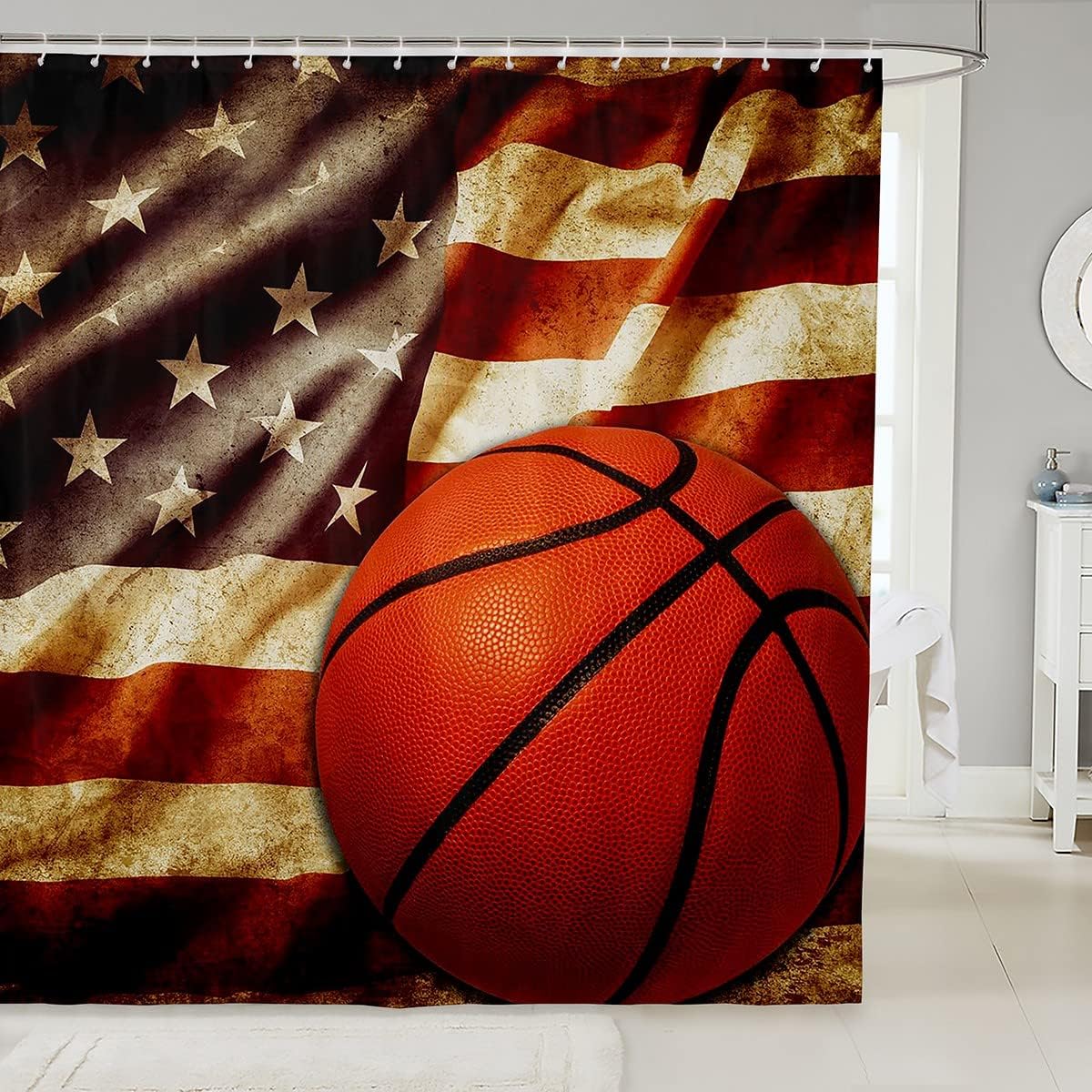 Boys Basketball Shower Curtain Featuring American Flag And Ball Sports Design