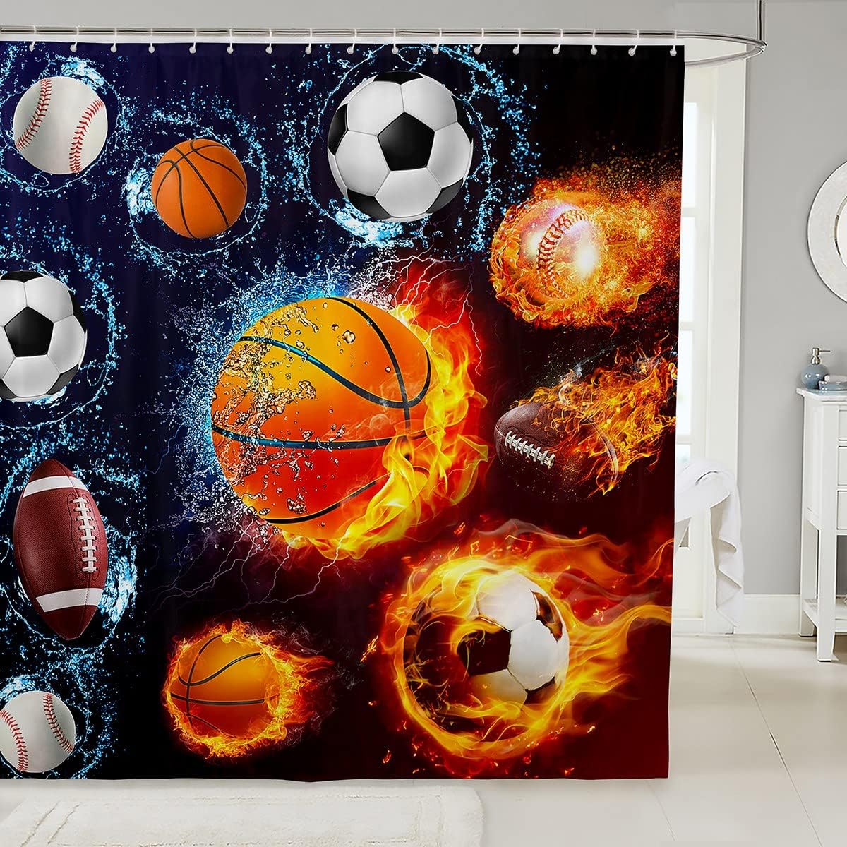 Sports Print Shower Curtain Featuring Various Balls Including Basketball, Football, And Baseball