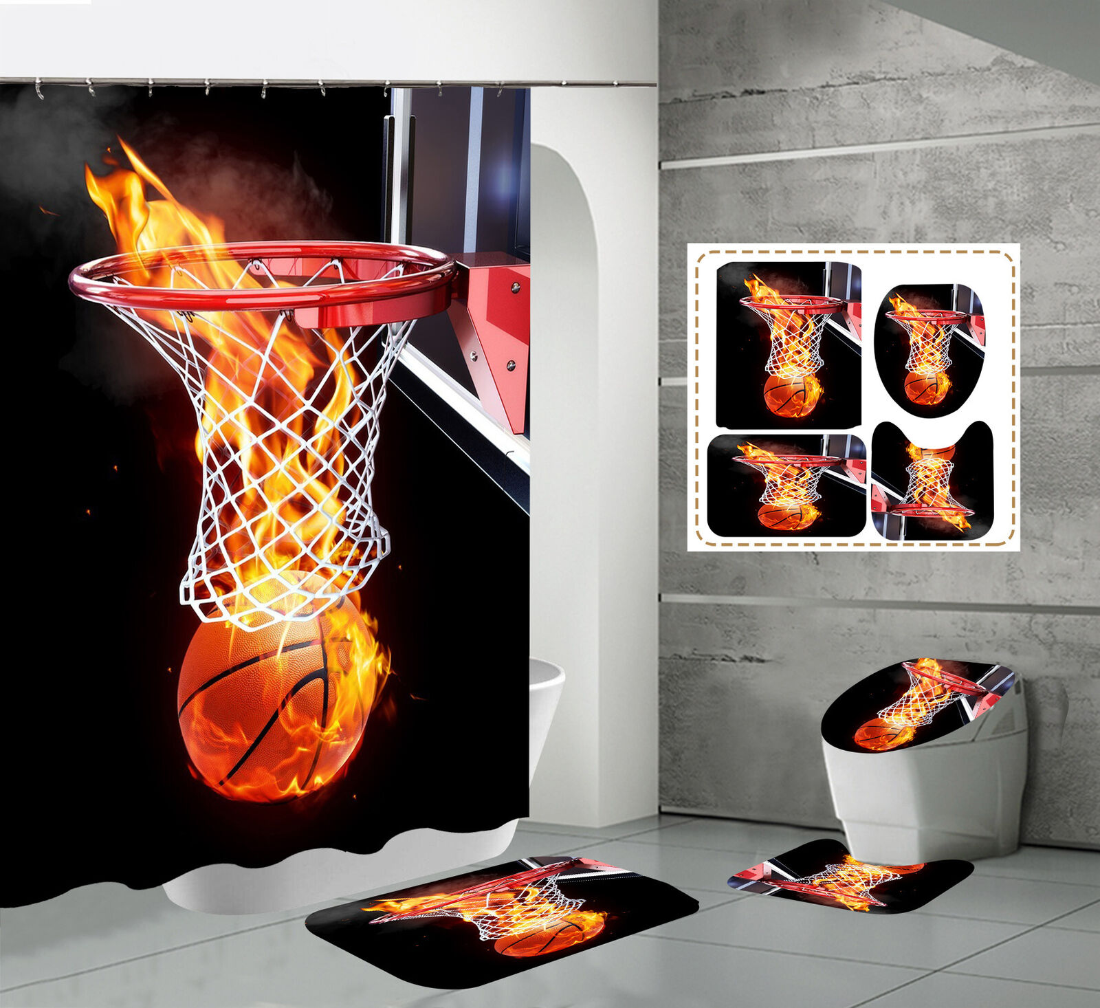 Flame Print Basketball Shower Curtain A Must-Have For Sports Themed Bathrooms