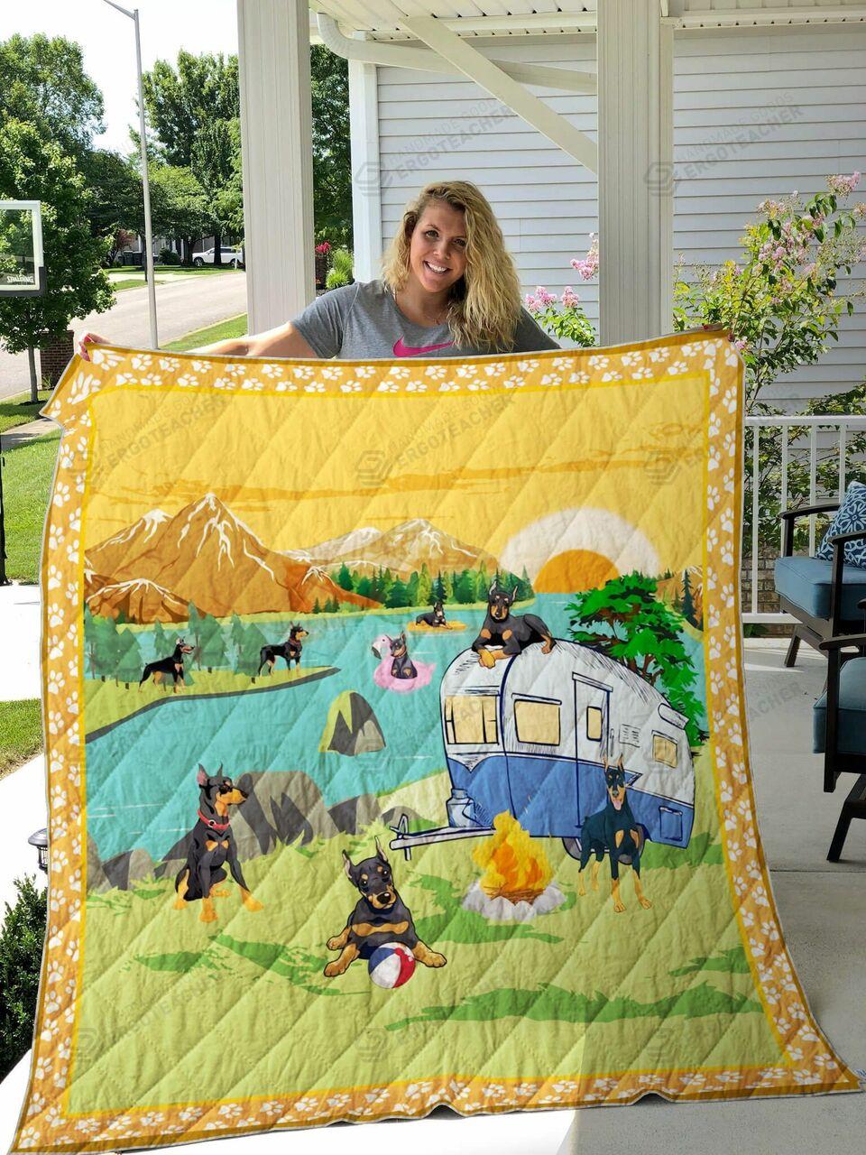 Doberman Go Camping By The River Quilt Blanket Greattomized Blanket G For Birthday C Thgiving