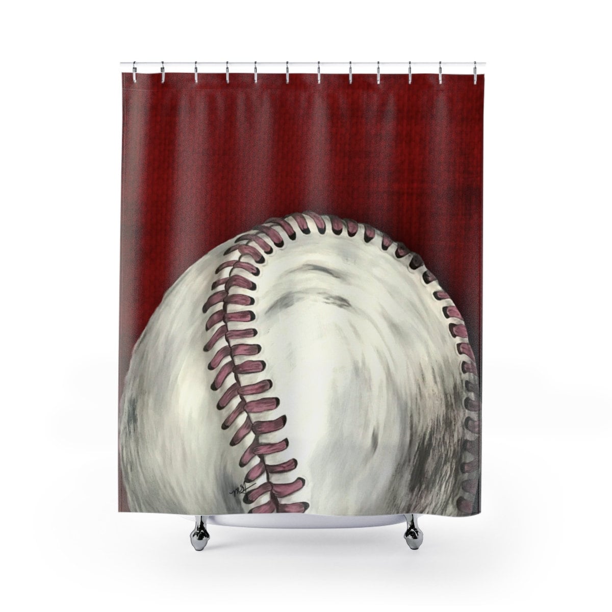 Hand-Painted Original Art Baseball Shower Curtain For Sports Themed Bathroom Decor
