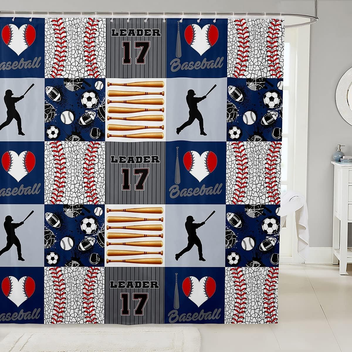 Sports Ball Heart Stripes Print Shower Curtain For Baseball Plaid Bathroom Decor