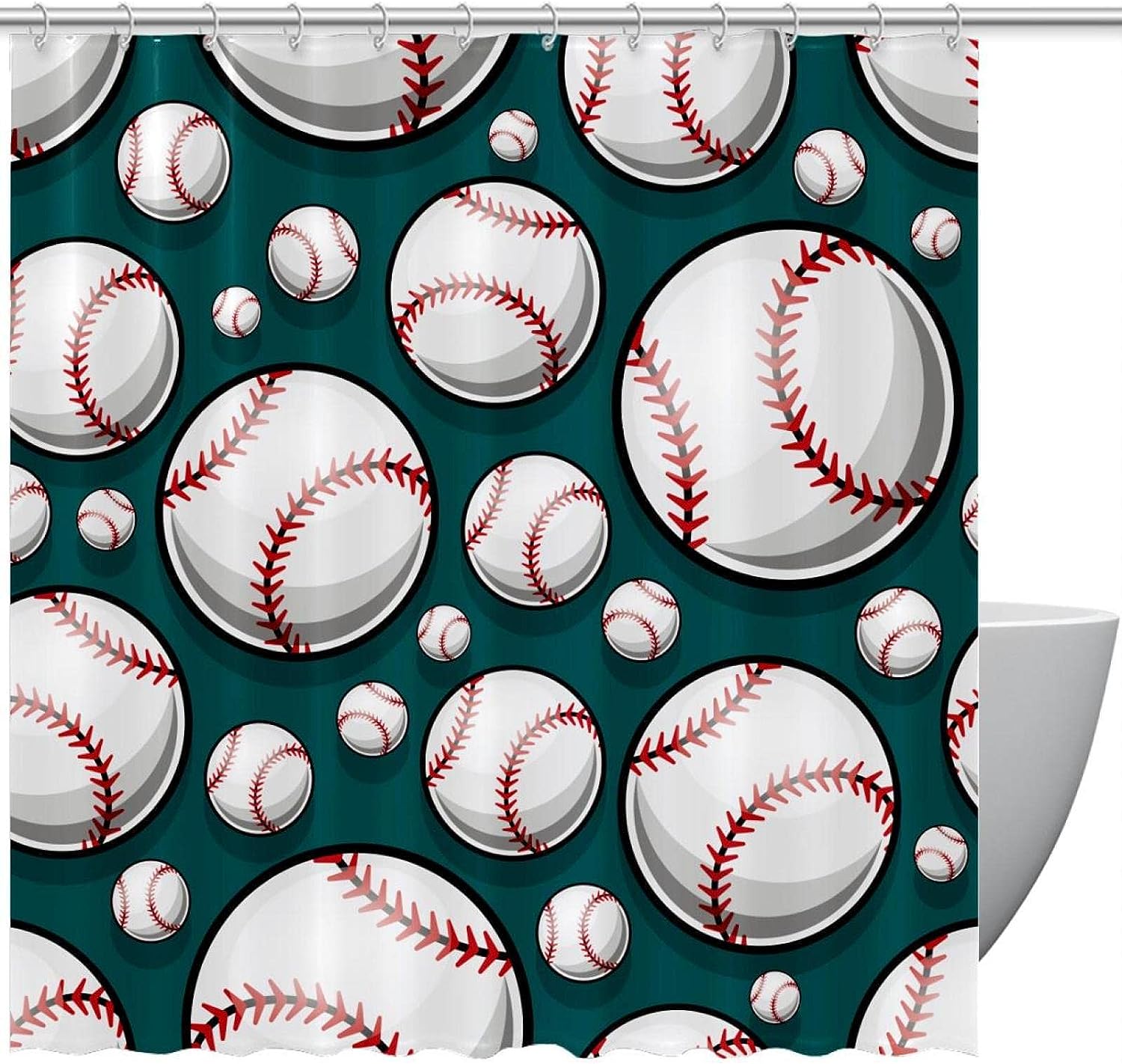 Green Baseball Print Shower Curtain For Sports Bathroom Decor