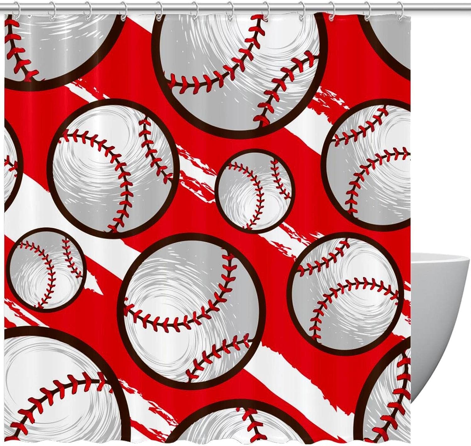 Red Baseball Waterproof Shower Curtain For Sports Bathroom Decor