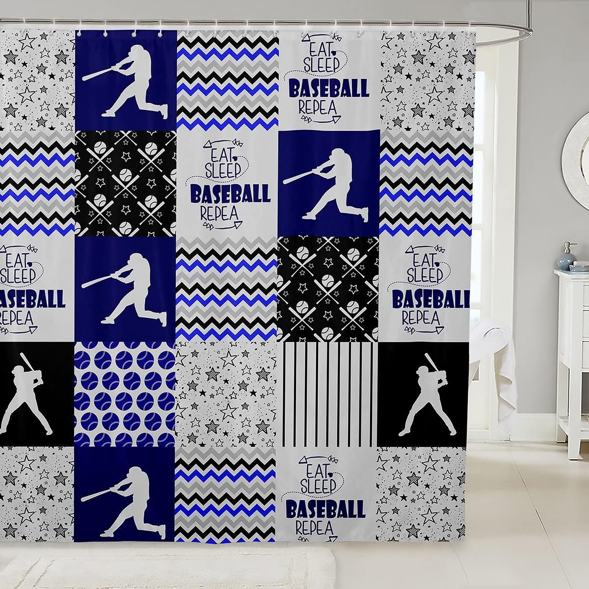 Buffalo Plaid Baseball Shower Curtain For Sports Bathroom Decor