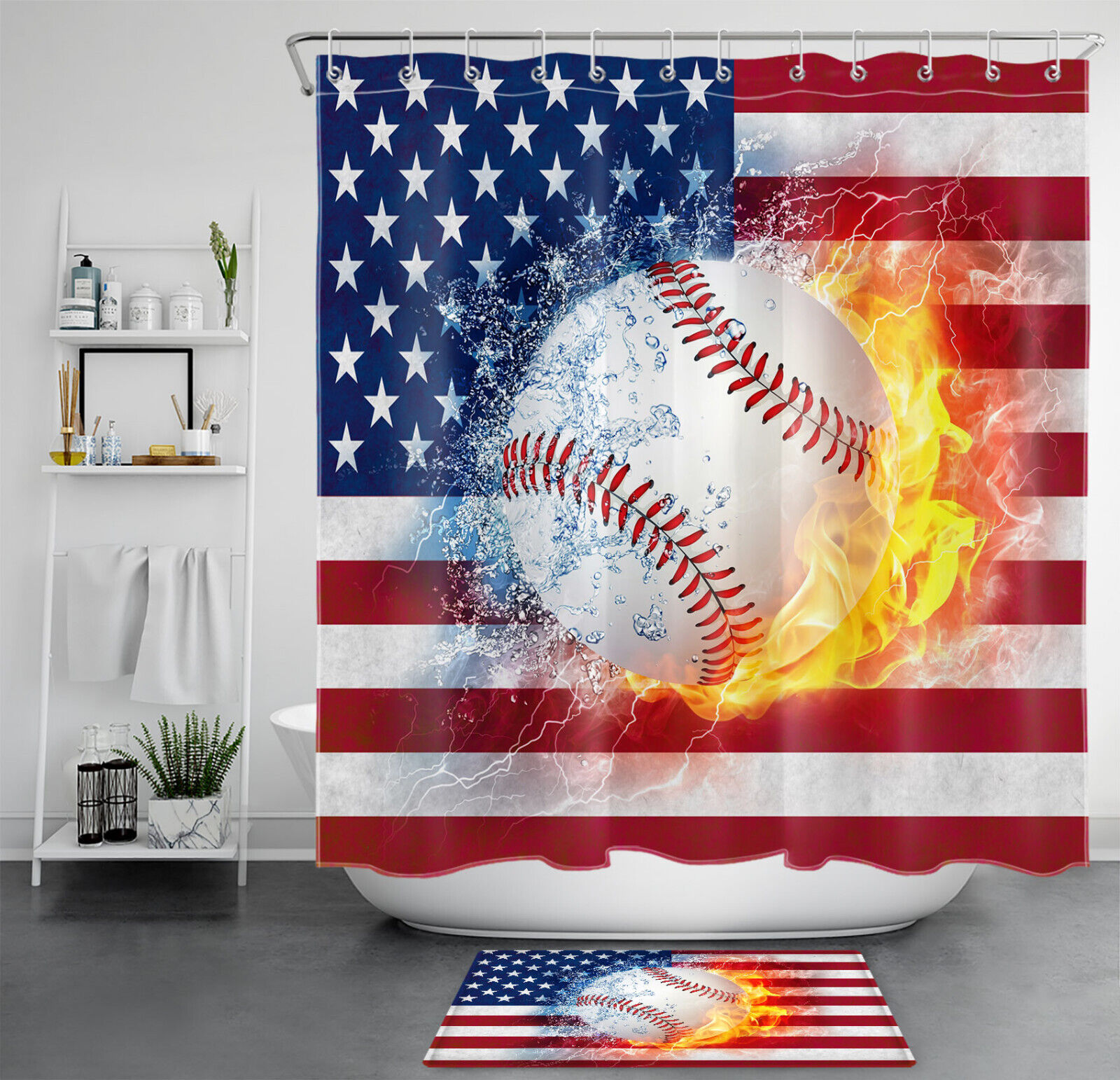 Independence Day Red Blue Stripe Baseball Shower Curtain For Patriotic Bathroom Decor