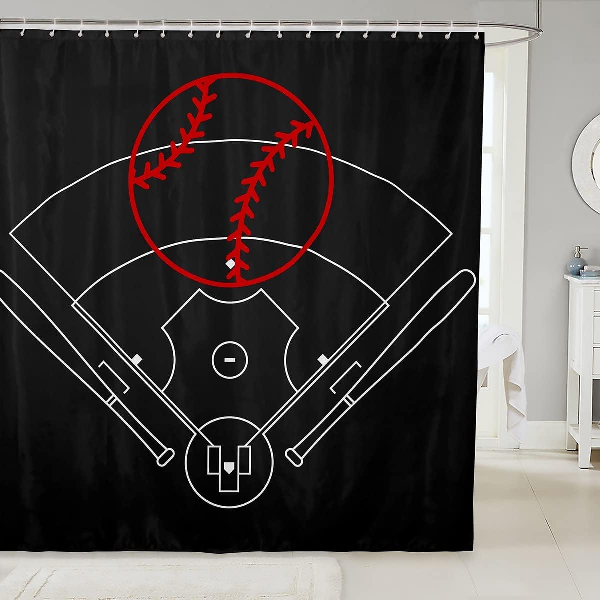 Red Baseball Bat Sporting Equipment Shower Curtain For Boys Bathroom Decor
