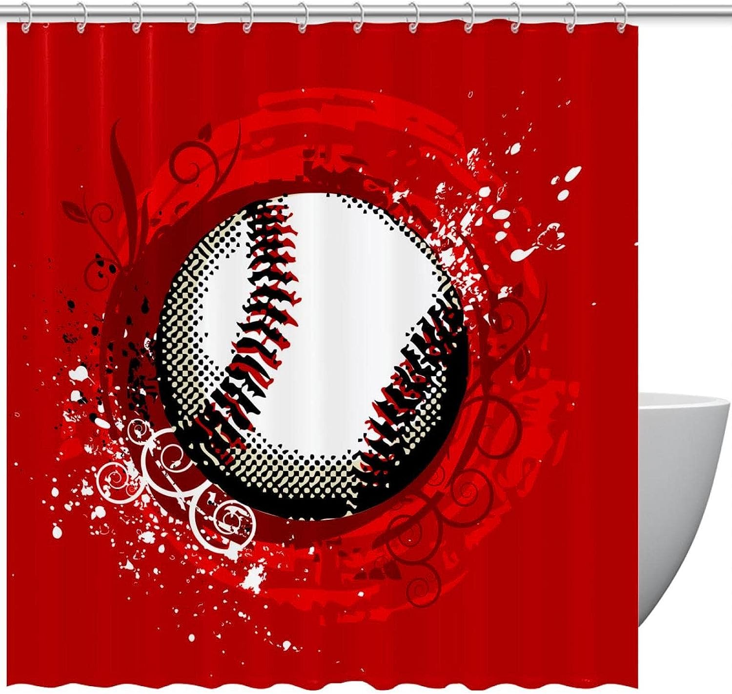 Red Baseball Shower Curtain For Sports Bathroom Decor