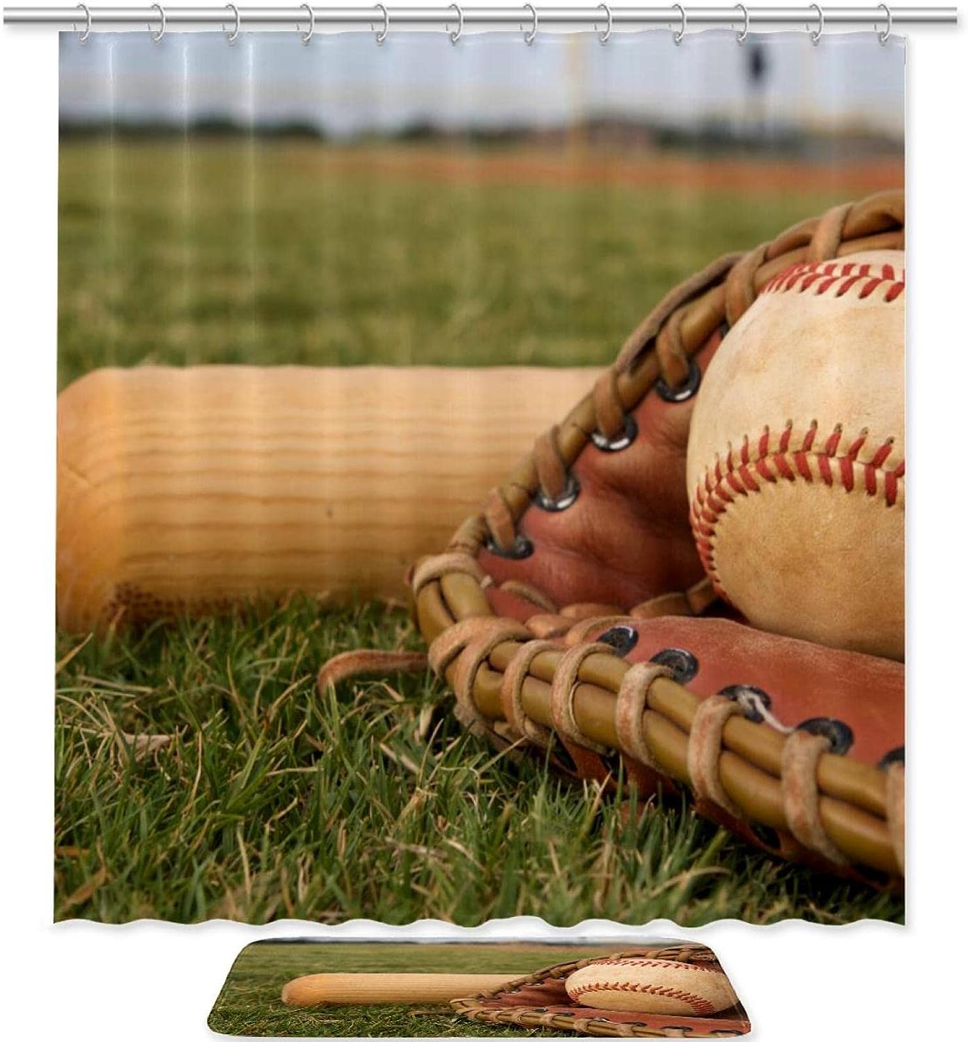 Red Baseball Sport Ball Print Shower Curtain For Sports Bathroom Decor