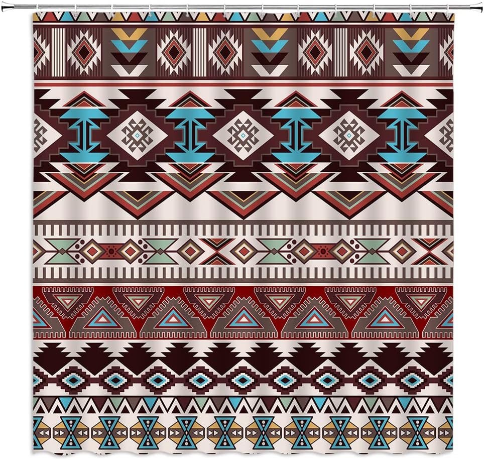 Retro Tribal Shower Curtain Vintage Navajo Geometric Pattern For Bohemian Bathroom Decor