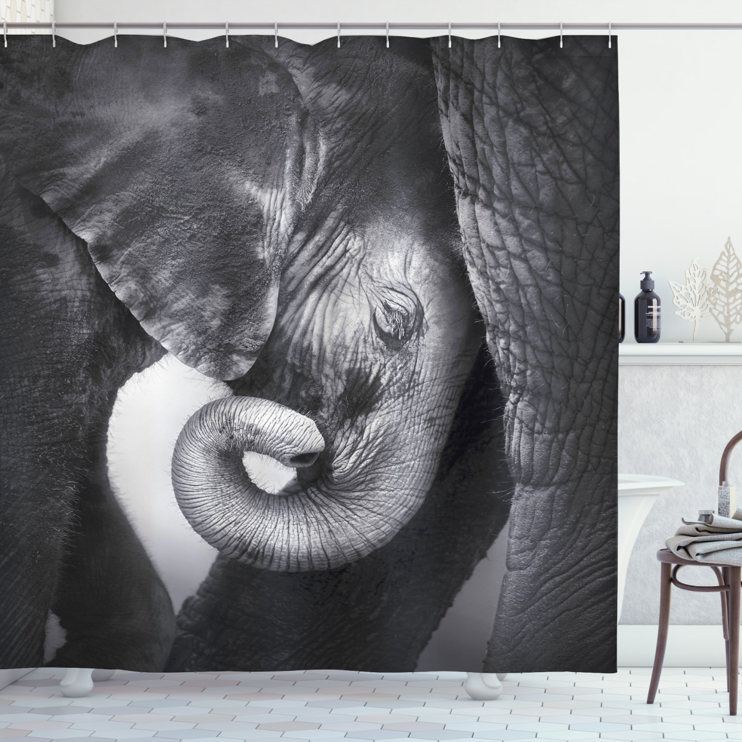 Elephant Art Shower Curtain Monochromatic Wildlife Print Bath Curtain For Chic Bathroom Decor